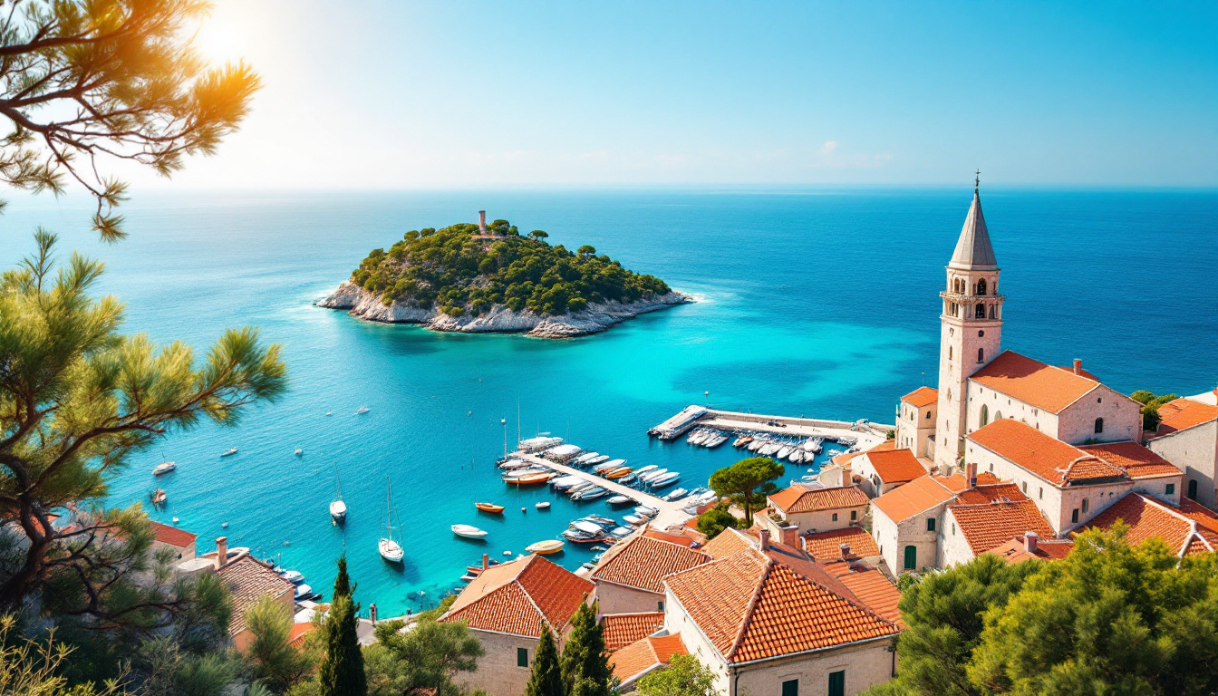 Kroatien Regionen: Küstenstadt an der Adria mit roten Dächern und türkisem Meer