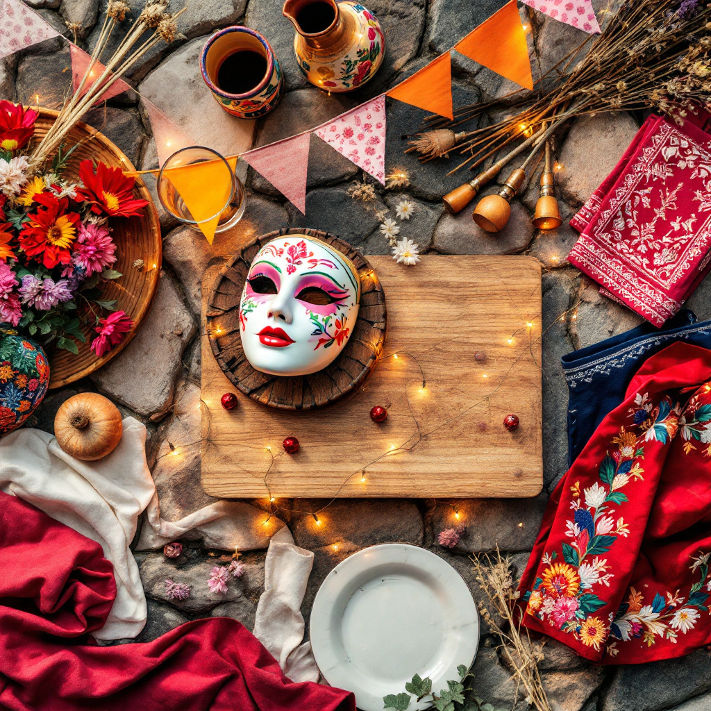 Kroatische Bräuche und Feste Überblick mit Karnevalsmasken und traditionellen Dekorationen