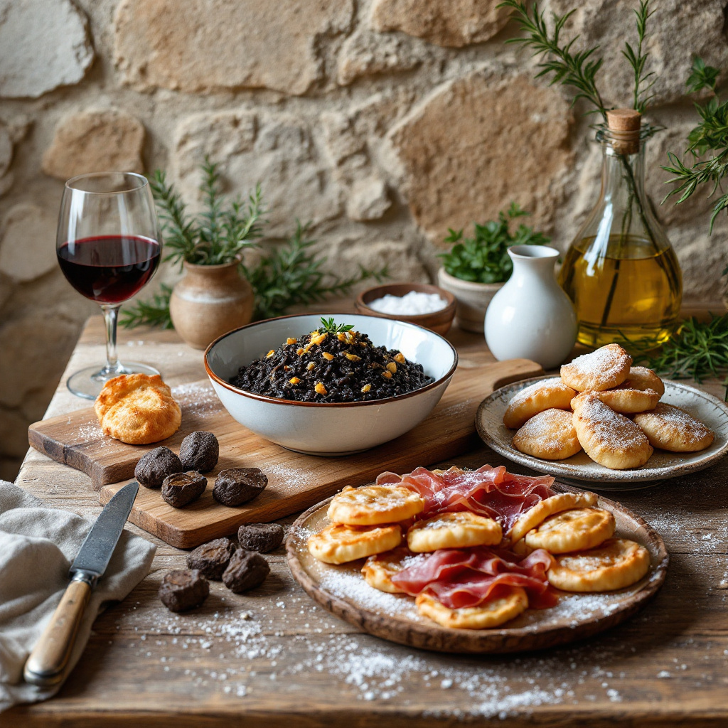 Kroatische Spezialitäten die man probieren muss auf einem rustikalen Holztisch mit Risotto, Pršut und Wein