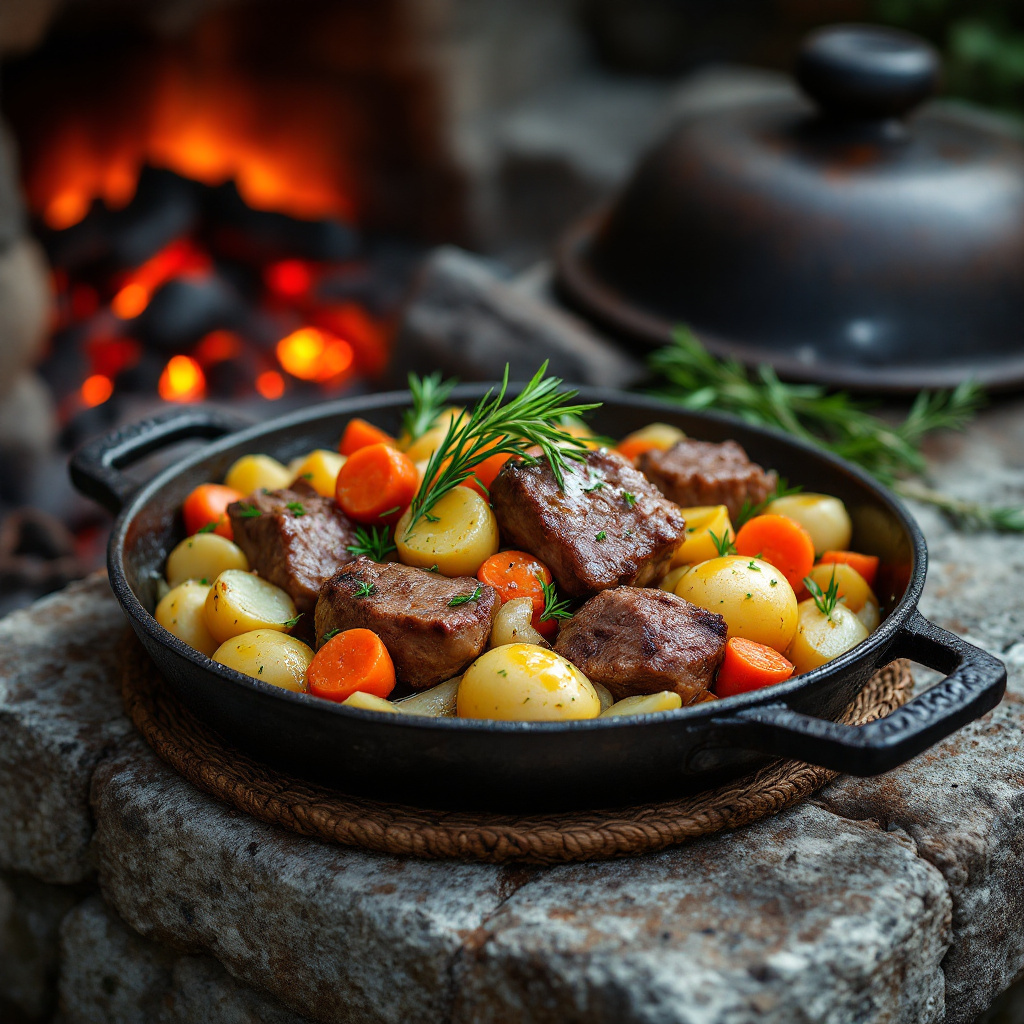 Peka Rezept traditionell kroatisch mit Kalbfleisch, Kartoffeln und Rosmarin in gusseiserner Schale
