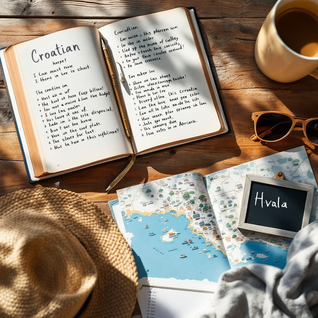 Notizbuch mit wichtige kroatische Wörter für den Urlaub neben Kaffee und Adria-Karte