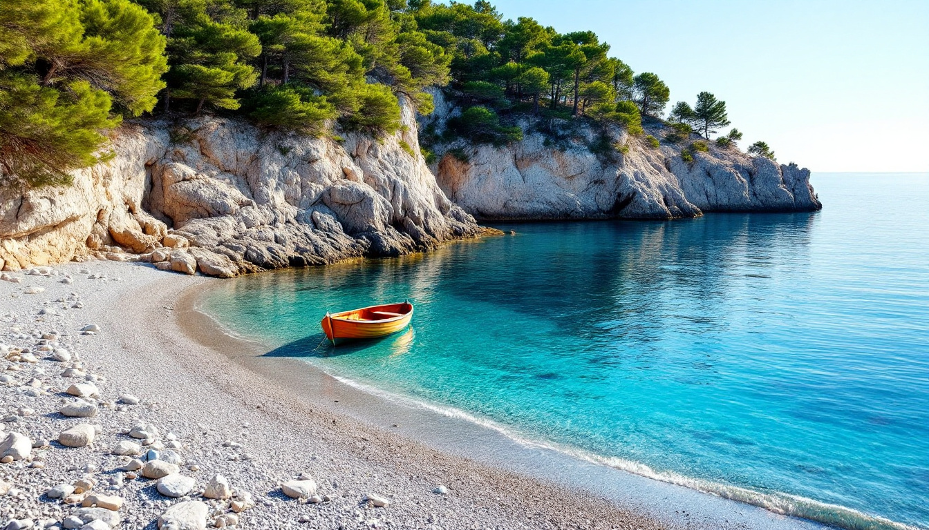 Geheimtipp Kroatien Strand: ruhige Kiesbucht mit klarem Wasser und Pinien
