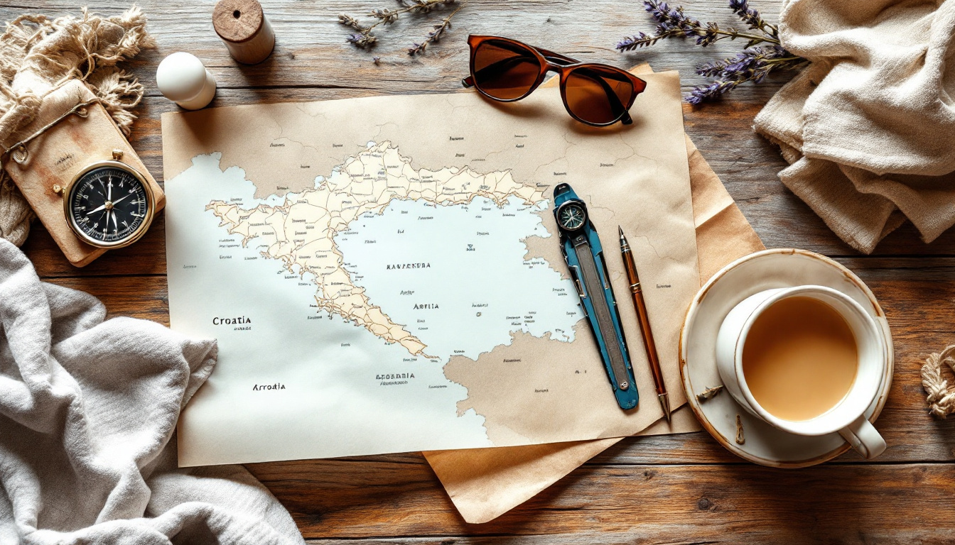Kroatien Karte Küste mit Regionen von Istrien bis Dubrovnik auf einem Holztisch