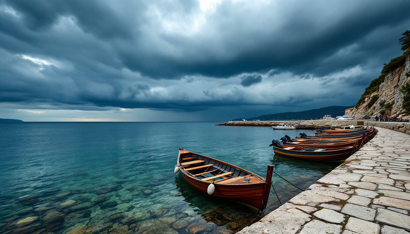 Enge Adria-Bucht in Kroatien bei Gewitterwetter, typische Lage für einen Meteotsunami in Kroatien